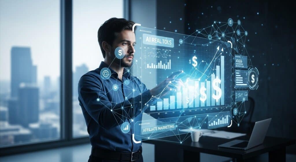 Digital illustration of a person leveraging AI tools for an affiliate marketing business, showing upward trend graphs and money symbols, signifying successful passive income generation and business scaling.